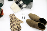 earrings, wool scarf, leopard print gloves, and green ankle booties, fall fashion hattitude jewellery