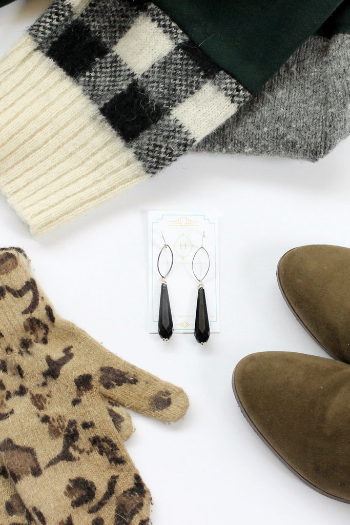one of a kind black dangly long chandelier sin earrings by hattitude jewellery