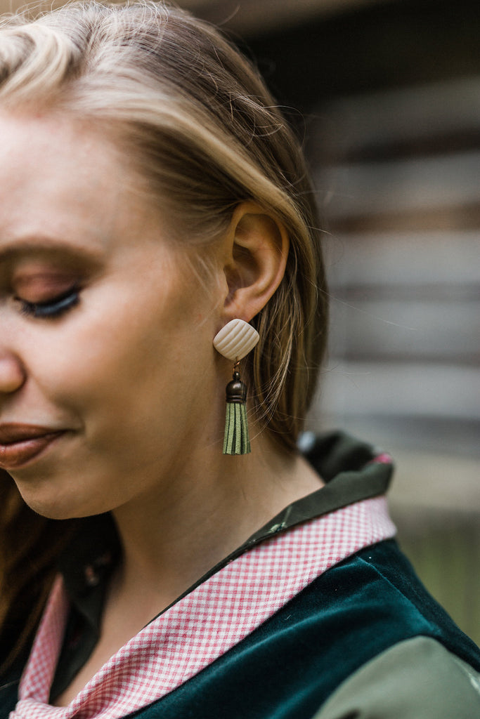 upcycled toronto green tassel earrings