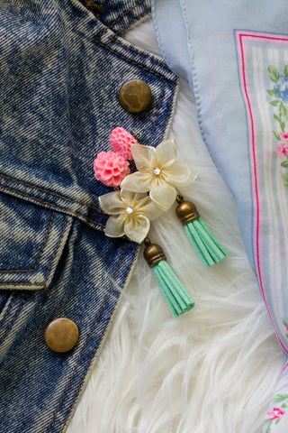 Turquoise tassel with pink floral and white flower earrings