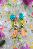 turquoise flowers, peach and yellow tassel earrings