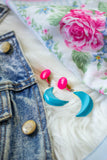 blue and pink moon long earrings handmade in toronto