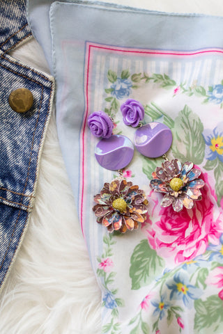 purple floral statement earrings