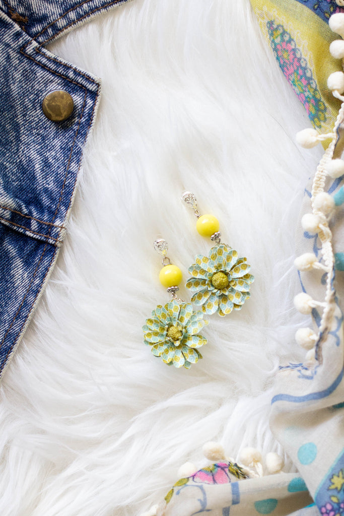 yellow and blue flower earrings