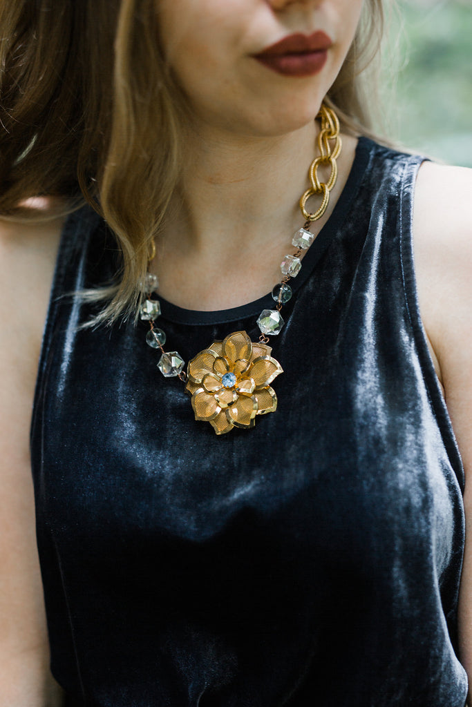 vintage inspired gold and blue sapphire dahlia brooch necklace