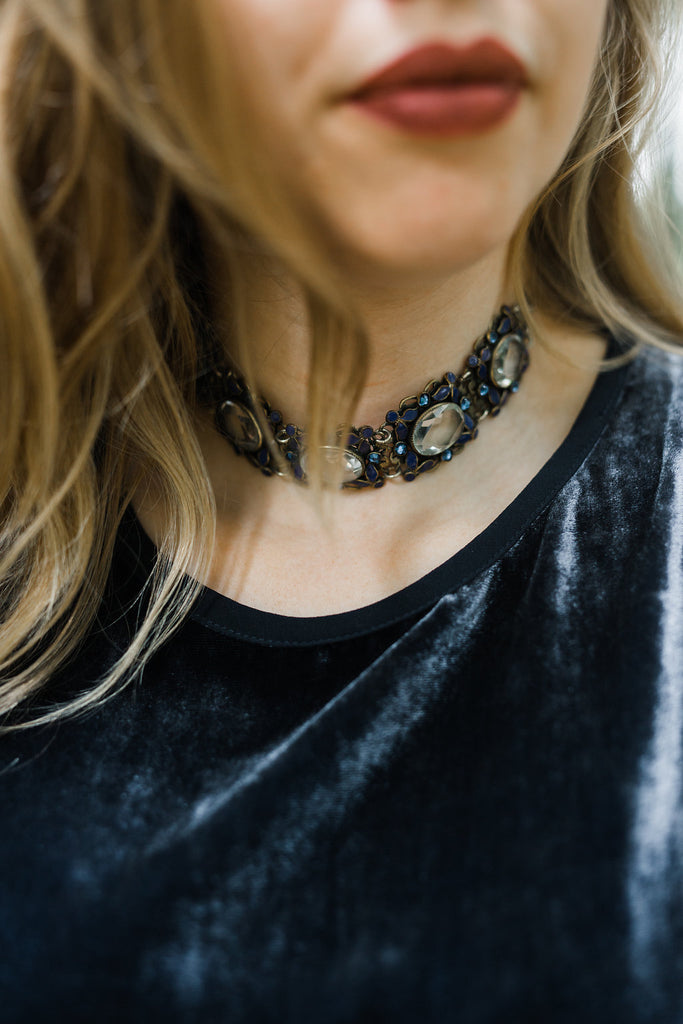 vintage blue sapphire and crystal costume jewelry choker