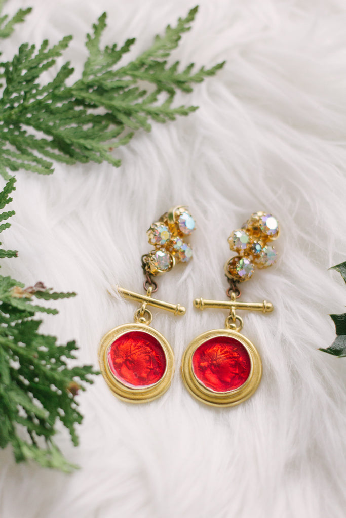 gold vintage rhinestone statement earrings with red drop handmade in toronto