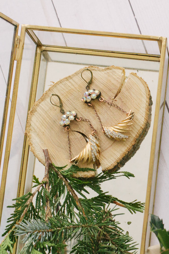 sparkly gold rhinestone long dangly vintage earrings handmade in toronto