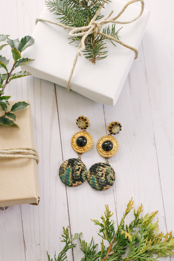 black and gold statement earrings city of westeros handmade in toronto canada