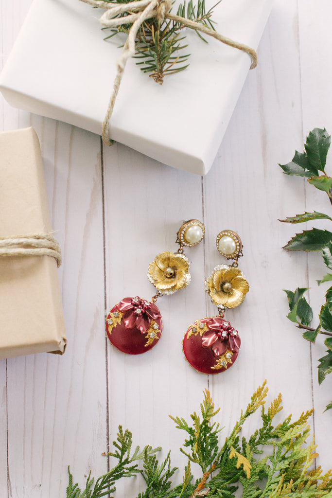 burgundy and gold statement vintage earrings handmade in toronto