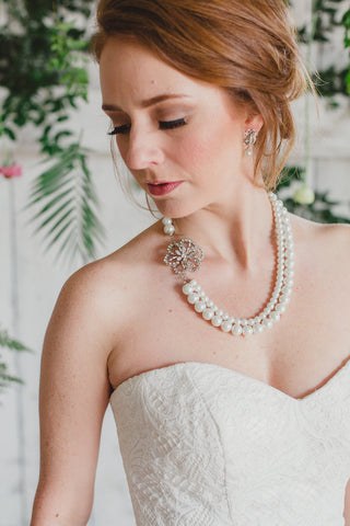 Silver brooch double pearl strand bridal necklace ISLA