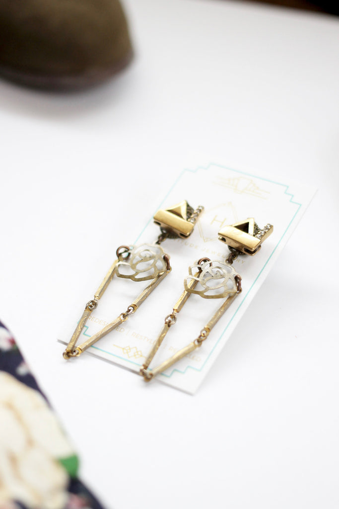 arrow gold rose long dangly fashion earrings for a party biker babe Hattitude Jewellery