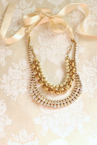 wedding necklace with gold rhinestones and champagne ribbon DREAM WORLD