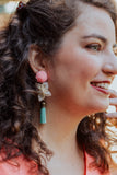 Turquoise tassel with pink floral and white flower earrings