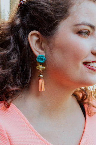 turquoise flowers, peach and yellow tassel earrings