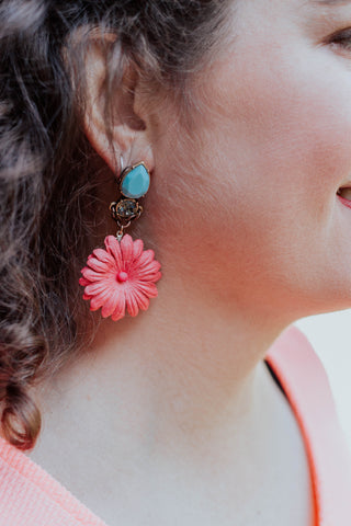 turquoise and pink flower earrings
