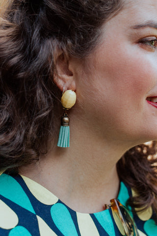 yellow vintage earrings with turquoise tassels handmade in toronto