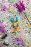 turquoise flowers, peach and yellow tassel earrings