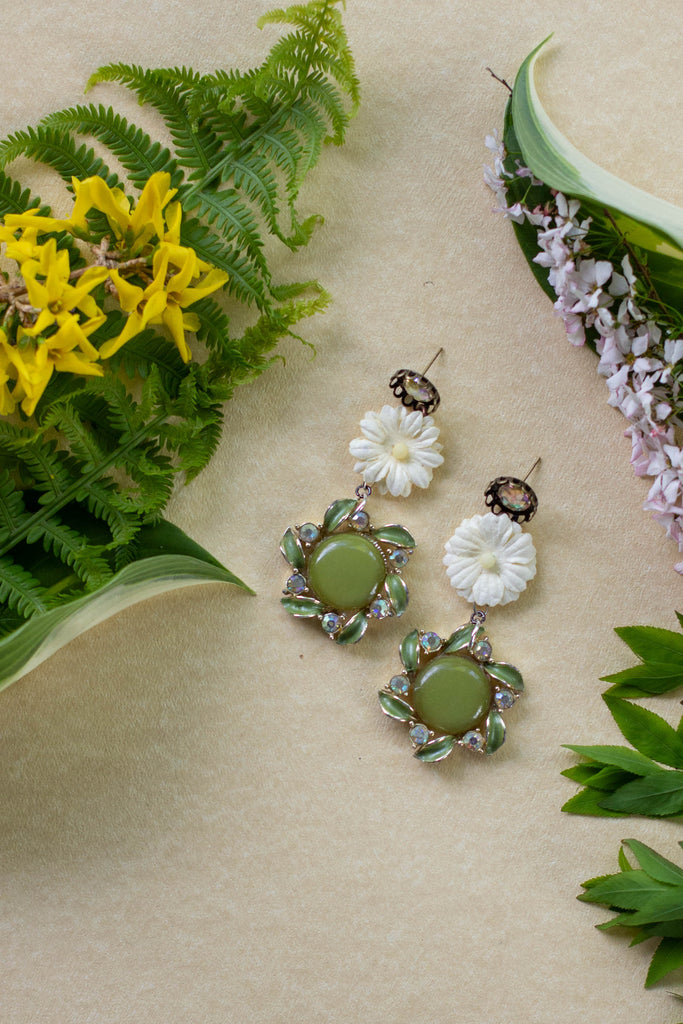 green and white vintage earrings