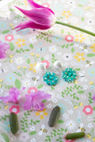 pearl white and polka dots flower earrings