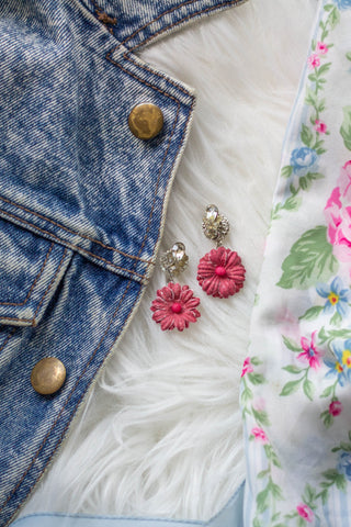 pink flower with vintage rhinestone small earrings