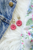 pink paper flower light earrings with vintage rhinestones handmade in toronto
