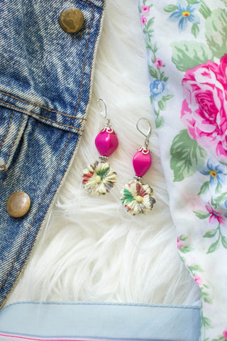 pink vintage paper flower earrings