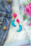 blue and pink moon long earrings handmade in toronto