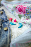 blue and pink moon long vintage earrings handmade in toronto