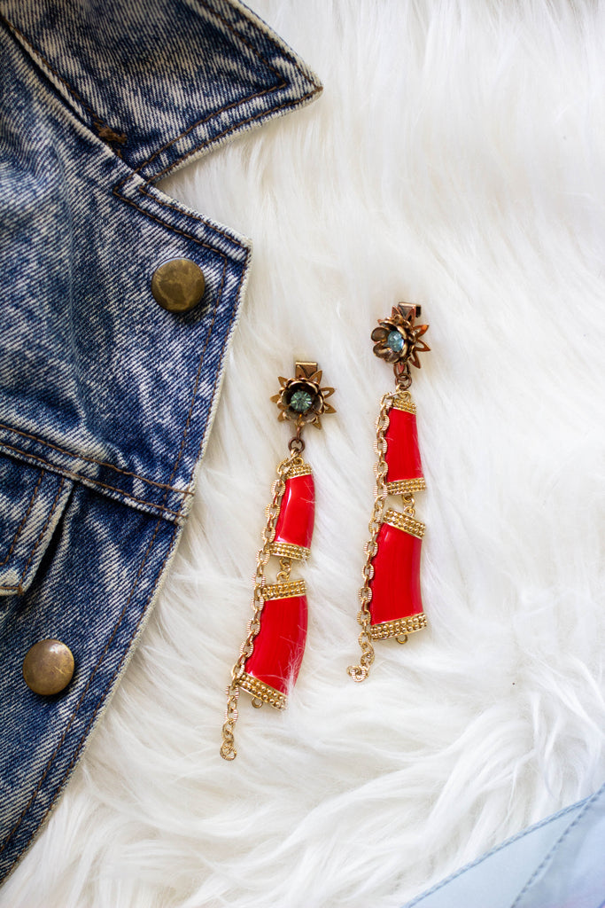 red and turquoise long earrings