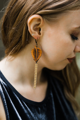 wooden leaf and tassel earrings