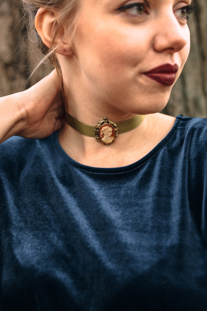 vintage cameo green satin ribbon trendy fashion choker made in