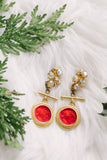 gold vintage rhinestone statement earrings with red drop handmade in toronto