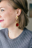 gold vintage rhinestone statement earrings with red drop handmade in toronto
