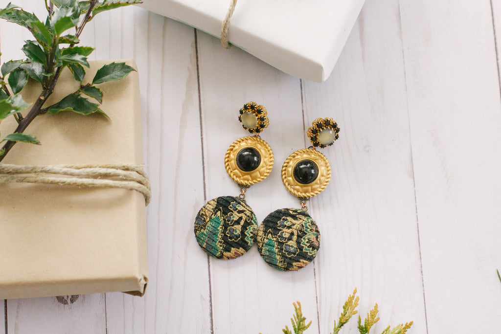 vintage inspired statement earrings black green gold City of