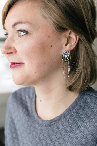 blue and silver vintage long dangly earrings handmade in toronto