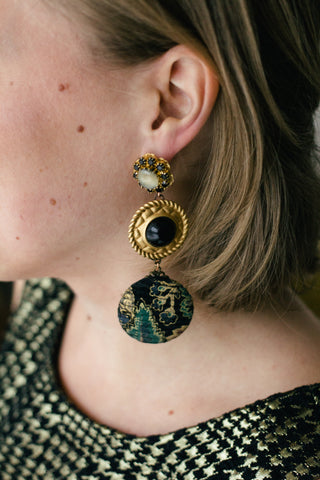 vintage inspired statement earrings black, green, gold- City of Westeros