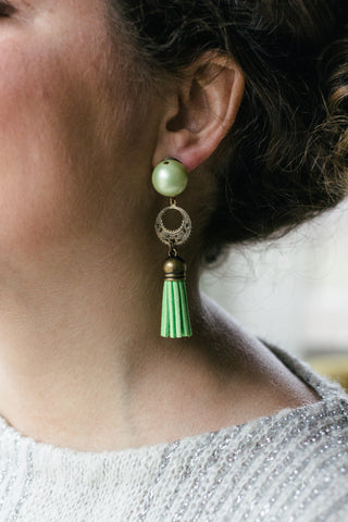 green tassel with pearl vintage inspired statement earrings handmade in toronto