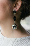 silver sweater with black and silver vintage sparkle earrings handmade in toronto