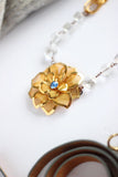vintage inspired gold and blue sapphire dahlia brooch necklace